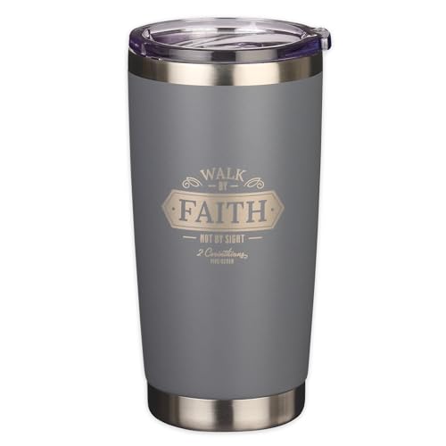 Christian Art Gifts Stainless Steel Vacuum Insulated Travel Mug 18 oz - color: Gray/Walk by Faith
