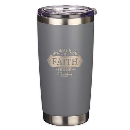 Christian Art Gifts Stainless Steel Vacuum Insulated Travel Mug 18 oz - color: Gray/Walk by Faith