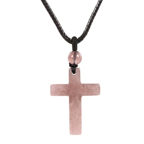 Justinstones Natural Gemstone Carved Cross Reiki Chakra Pendant Necklace 22 Inch - color: 30mm Strawberry Quartz