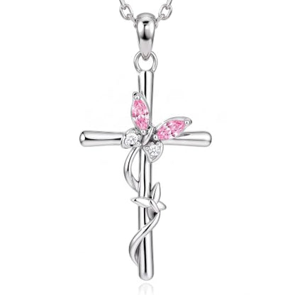 Distance Cross Necklace for Women 925 Sterling Silver Jewelry Pendant Necklace for Mom Wife Gift for Mother's Day or Birthday - style: 10-Pink