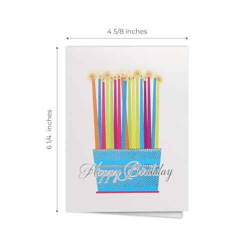 Masterpiece Silver Foil Colorful Happy Birthday Cards / 24 Birthday Cards With White Envelopes In Storage Box / Shiny Silver Foil Card Design Accents / 4 5/8" x 6 1/4" Folded Greeting Cards With Inside Verses / 6 Festive Modern Designs - color: Silver Foi