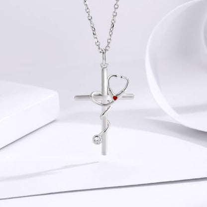 Sterling Silver Nurse Jewelry for Women Heartbeat Stethoscope Necklace Ring Nurses Week Graduation Gifts - color: Stethoscope Necklace