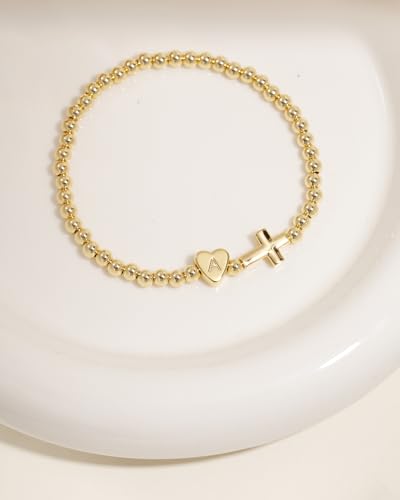 TLY Gold Beaded Bracelets for Women Cross Initial Elastic Stretch Bracelet - color: G