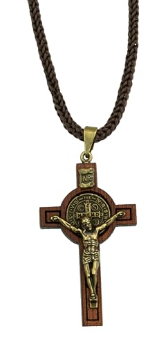 Catholica Shop Saint Benedict Medal Wood Crucifix Cord Necklace for Men & Women – Handcrafted Religious Pendant, Healing, Travel Protection, Perfect for Gifting on Special Occasions, Made in Brazil - style: Small Antique Gold
