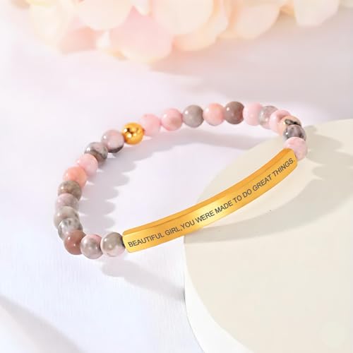 Inspirational Bracelets for Women,18K Gold Plated Christian Bible Verse Faith Jewelry, Religious Jesus Prayer Gift for Mom, Sister, Friend - color: BEAUTIFUL G,YOU WERE MADE TO DO GREAT THINGS.-Pink Zebra Jasper-Gold