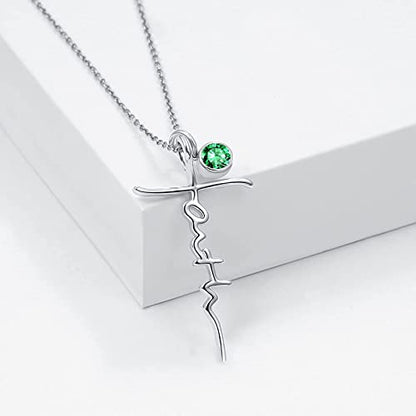 PRAYMOS Faith Cross Necklace for Women 925 Sterling Silver Pendant Necklace With Birthstone Initial Christian Religious Confirmation Baptism Mothers Day Gifts - color: 2-Silver May(Emerald)