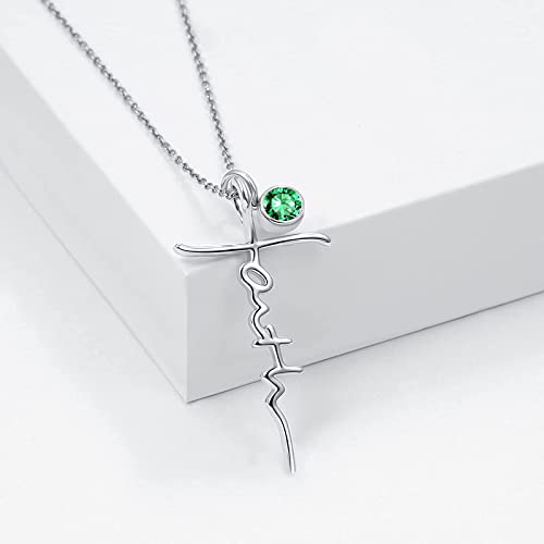 PRAYMOS Faith Cross Necklace for Women 925 Sterling Silver Pendant Necklace With Birthstone Initial Christian Religious Confirmation Baptism Mothers Day Gifts - color: 2-Silver May(Emerald)