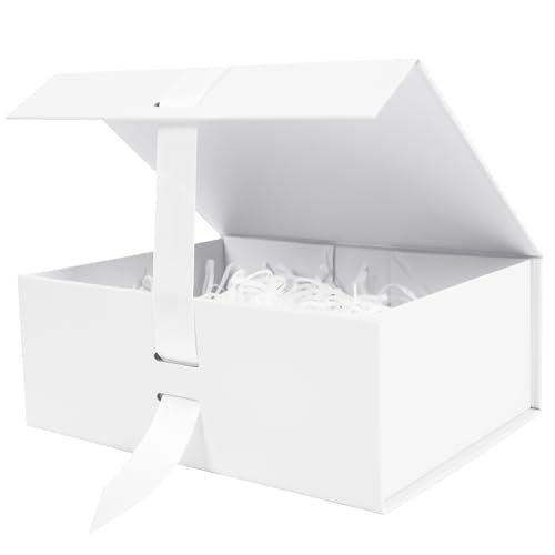 Aimyoo Large White Gift Box with Ribbon, 11.5x8.6x4.1 inch Groomsman Proposal Box for Presents with Magnetic Closure Lids, Rectangle Collapsible Luxury Box for Wedding, Christmas, Halloween, Birthday - color: White 11.4x8.8x4.2 inch-1 Pack