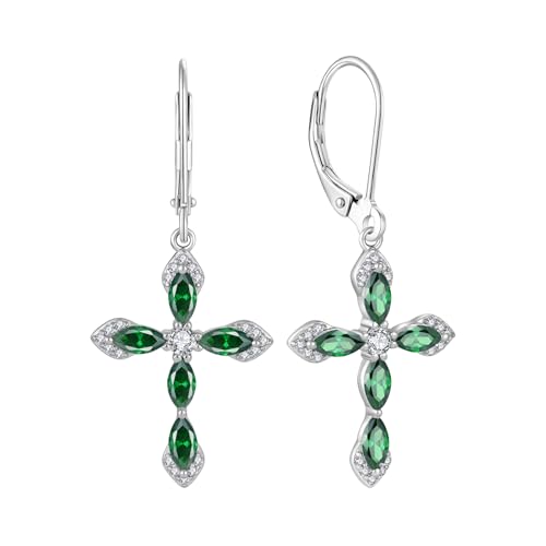 Birthstone Cross Earrings for Women 925 Sterling Silver - color: 05 May - Emerald