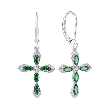 Birthstone Cross Earrings for Women 925 Sterling Silver - color: 05 May - Emerald