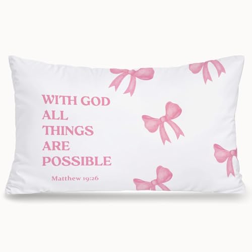 Coquette Pink Bow Christian 12x20 Pillow Cover, Coquette Room Decor, with God All Things are Possible Bible Verse Decorative Throw Pillow Covers Pillowcases for Girls Dorm Apartment Church - color: Bible - Pink (White07)