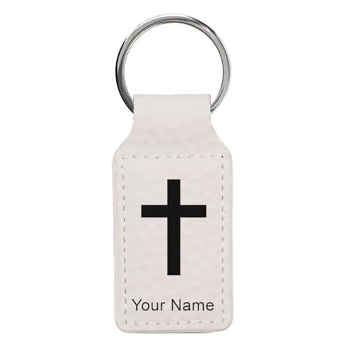 LaserGram Rectangle Keychain, Christian Cross, Personalized Engraving Included - color: Golf White