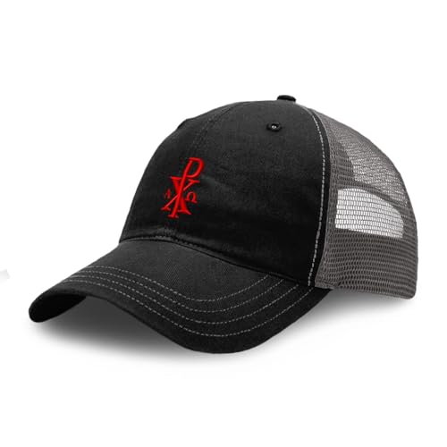 Custom Richardson Soft Mesh Cap Hat Embroidered Chi Rho with Alpha Omega Trucker Hats for Men & Women - color: Black Charcoal Design Only, size: One Size