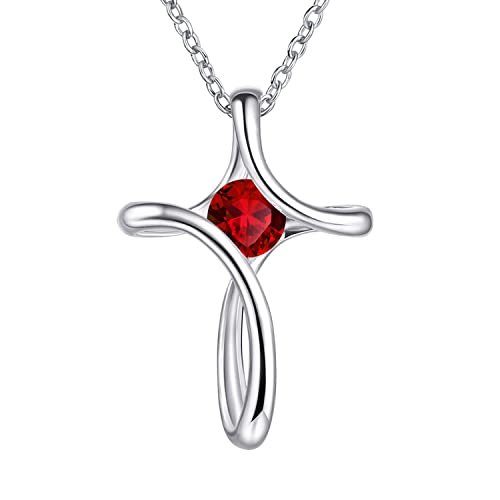 Cross Necklace for Women 925 Sterling Silver Birthstone Necklace for Women - color: 07-July-Ruby