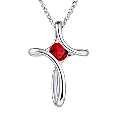 Cross Necklace for Women 925 Sterling Silver Birthstone Necklace for Women - color: 07-July-Ruby
