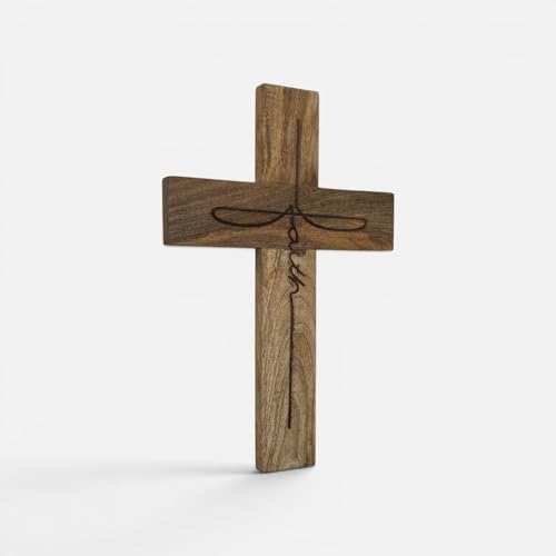 Handmade Mango Wood Cross Wall Decor 12x18 Inch Natural Finish with Faith Laser Burnt Design Rustic Wooden Christian Cross for Farmhouse Wall Hanging Religious Home Church