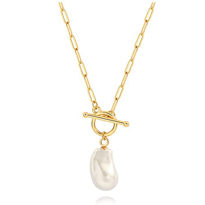 SOFYBJA Saint Benedict Necklace Drop 18K Gold Toggle Medallion Coin Cross Pendant Necklaces Religious Jewelry Catholic Gift for Women - color: Baroque pearl