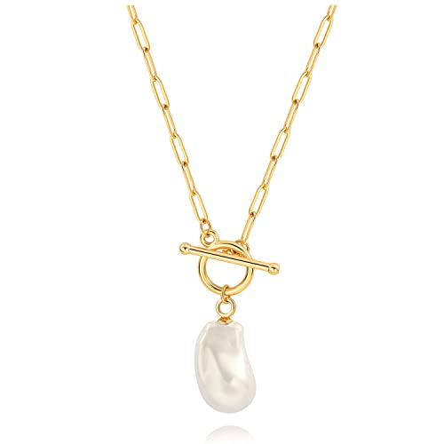 SOFYBJA Saint Benedict Necklace Drop 18K Gold Toggle Medallion Coin Cross Pendant Necklaces Religious Jewelry Catholic Gift for Women - color: Baroque pearl