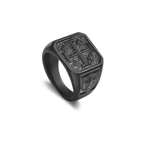 Men's Stainless Steel Cross Signet Ring, Vintage Style with Cross and Shield Patterns for mens ring with 3 Colors Steel/Gold/Black, Sizes 7-13 - color: black