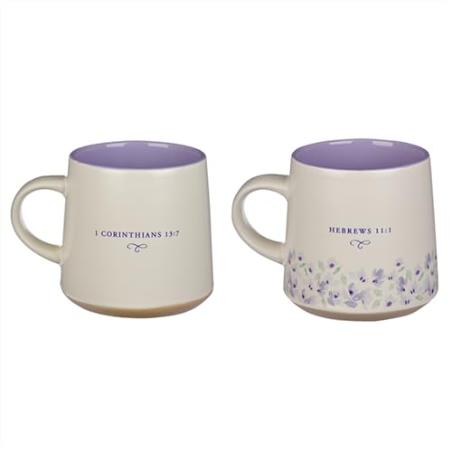 Christian Art Gifts Novelty Floral Ceramic Coffee & Tea Mug Set for Women: Faith & Love w/Encouraging Scripture, Microwave/Dishwasher Safe w/Clay Base - Set of 2 Large 14 oz. Cups, Lilac Purple/White