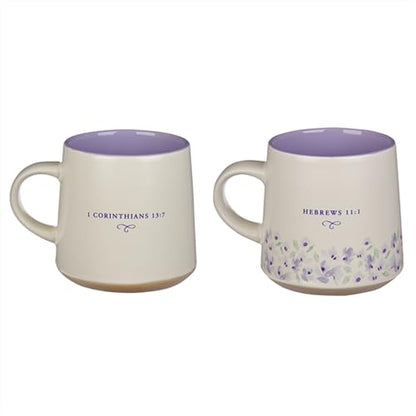 Christian Art Gifts Novelty Floral Ceramic Coffee & Tea Mug Set for Women: Faith & Love w/Encouraging Scripture, Microwave/Dishwasher Safe w/Clay Base - Set of 2 Large 14 oz. Cups, Lilac Purple/White