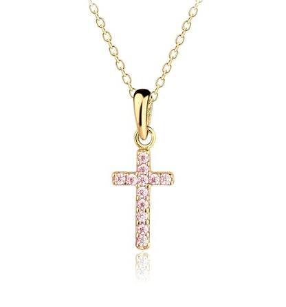 Precious Pieces CZ Cross Necklace, .925 Sterling Silver or 14K Gold-Plated - color: Gold Pink-16-18