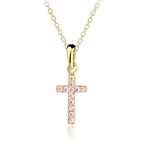 Precious Pieces CZ Cross Necklace, .925 Sterling Silver or 14K Gold-Plated - color: Gold Pink-16-18