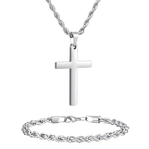 NORBU Stainless Steel Cross Necklace and Bracelet Set for Men, Cuban Link - color: Silver Rope