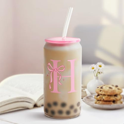 SANDJEST Monogrammed Glass Drinking Can Cup with Acrylic Lid and Straw, Personalized Frosted Iced Coffee Tumbler 16oz, Monogram Initial Gifts for Women Girls on Birthday (H) - color: H