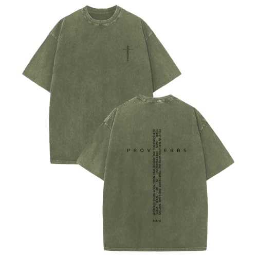 Proverbs 3:5-6 Faith Oversized T Shirt Vintage Acid Wash Double Sided Christian Graphic Tee - color: Army Green, size: XX-Large