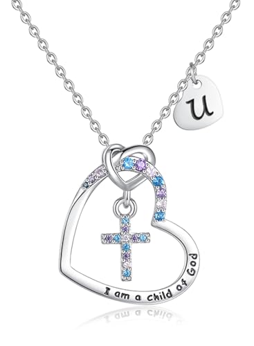 Cross Necklace for Girls | I am a child of God Necklace for Girls | Heart Letter initial | 18K White Gold Plated Pendant Jewelry First Communion Baptism Gifts Christmas Birthday Gifts for Girl Women - color: U