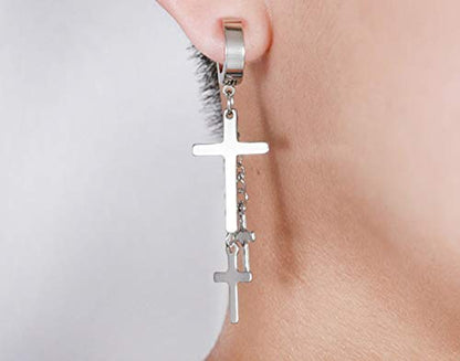 Non-pierced Earrings Set for Men Women Cross Titanium Steel Hoop Dangle Clip On Earring - style: set of silver