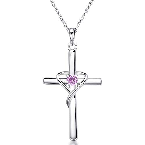 AmorAime 925 Sterling Silver Cross Necklace for Women Men 14K Gold Plated 5A CZ Birthstone Necklaces for Holiday - color: J.Pink-October-Tourmaline