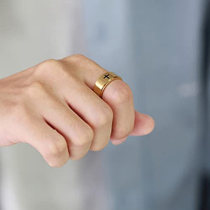 6mm/8mm Titanium Steel Black/Silver/Gold Fidget Ring Engraved Small Cross Stainless Steel Spinner Rings Stress Relieving Anxiety Ring Engagement Wedding Promise Band for Women Men Size 5-15 - color: 8mm Gold