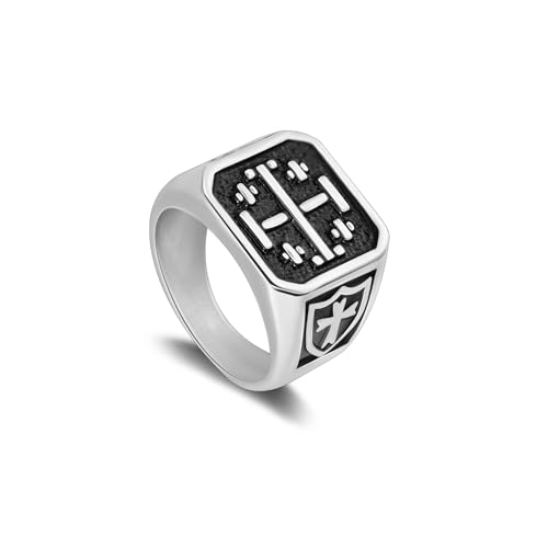 Men's Stainless Steel Cross Signet Ring, Vintage Style with Cross and Shield Patterns for mens ring with 3 Colors Steel/Gold/Black, Sizes 7-13 - color: steel
