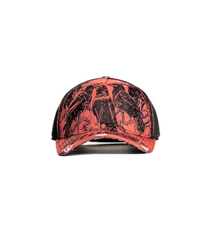 Affliction Men's Baseball Cap, Gothic Style, Embroidered Pattern - color: Dirty Red Potassium Spray (Crows)
