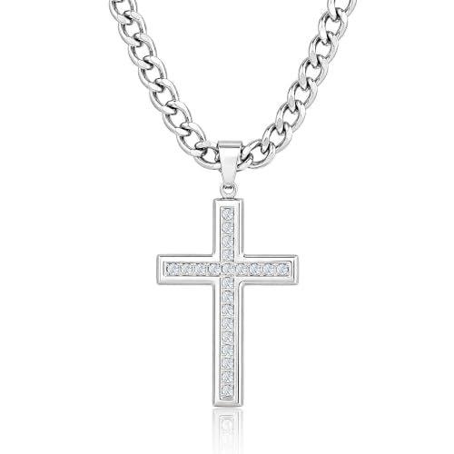 Cross Necklace for Men, Cuban Chain with Cubic Zirconia Pendant - color: SILVER