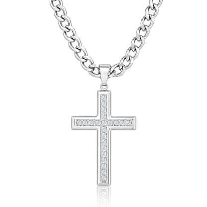 Cross Necklace for Men, Cuban Chain with Cubic Zirconia Pendant - color: SILVER