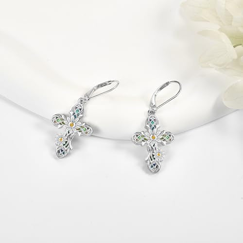 ONEFINITY Cross Earrings 925 Sterling Silver Sunflower Cross Dangle Earrings Religious Jewelry Gifts for Women
