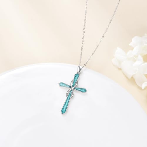 Infinity Cross Necklace S925 Sterling Silver Turquoise/Wooden/Opal/Abalone Cross Pendant Necklaces Christian Jewelry Gifts For Women - style: Turquoise-2