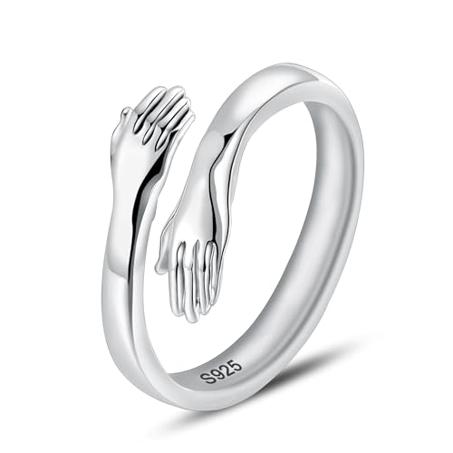 LOVECOM S925 Sterling Silver Hug Rings for Women Teen Girls Mother Daughter - color: Double Hands Hugging, size: US Size 8