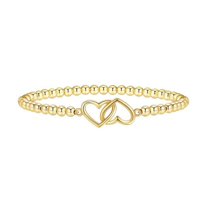 Gold Bracelets for Women 14K Gold Plated Bead Bracelet Hypoallergenic Stretch Bracelets for Women Elastic Bracelet Trendy Teen Gift Dainty Jewelry for Women - style: Double Heart
