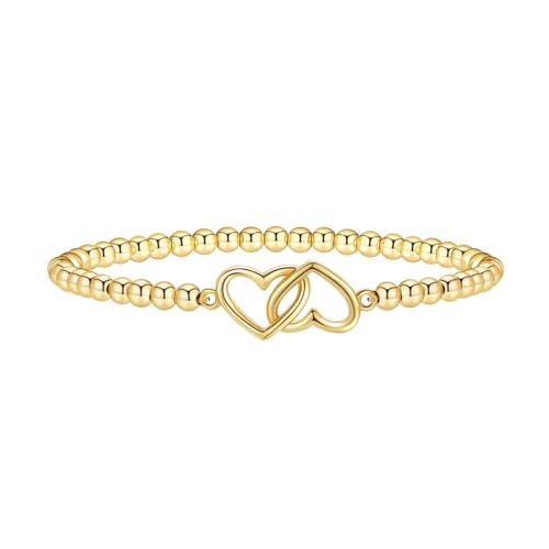 Gold Bracelets for Women 14K Gold Plated Bead Bracelet Hypoallergenic Stretch Bracelets for Women Elastic Bracelet Trendy Teen Gift Dainty Jewelry for Women - style: Double Heart