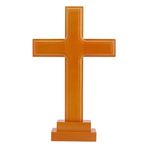 HOBBIESAY Standing Crucifix Cross 29.1cm Wooden Tabletop Ornament Standing Orange Wooden Wall Cross with Stand Crucifix Decoration for Home Decor - color: Orange
