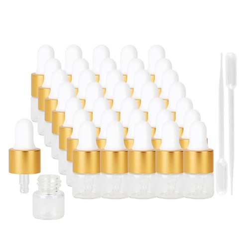 36 Piece Mini Glass Dropper Bottles Set, 1ml Mini Stratum Corneum Essential Oil Dropper Empty Bottles, Suitable for Essential Oil Perfume Cosmetic Liquid Travel Sample Containers (Transparent) - color: Clear, size: 1ML