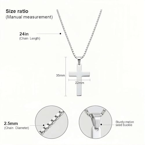 Stainless Steel Cross Necklace Unisex Box Chain 18-24in Faith Gift - size: 24"