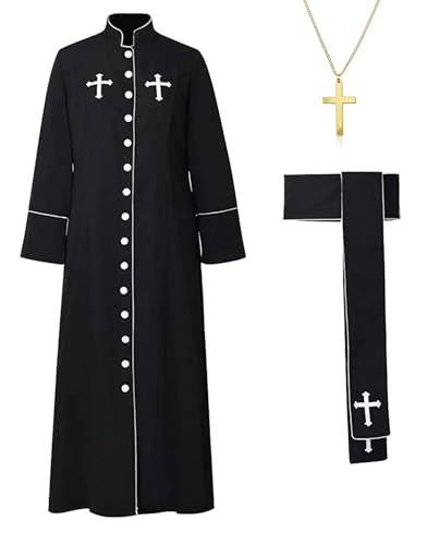 Clergy Robe Set with Cross, Full Length Button-Down, Black with White Trim, Includes Stole and Gold Cross Necklace - color: Black, size: X-Large