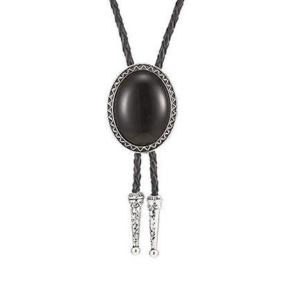 bolo tie for man,handmade western cowboy alloy natural mix Leather Bolo Tie - color: Oval Black Stone Bolo Tie