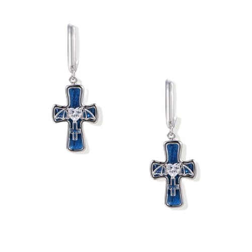 Gothic Handcrafted Guardian Angel Cross Earrings | White Gold Plated Eco Brass, S925 Sterling Silver Posts, Heart Zirconia, Blue Enamel Cross With Bat Wing Accents, Gothic Evening Statement