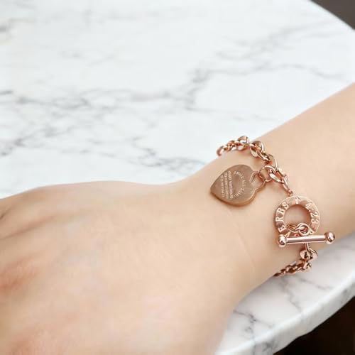 Heart Charm Bracelet Plated 18K Gold/Silver/Rose Gold Bible Scripture Heart Bracelet for Women Jewelry Gift Her Link Chain OT Clasp Stainless Steel - color: Rose Gold（8.1 inch ）